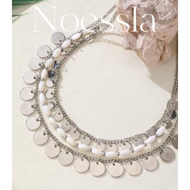 Noessla Boho Silver Charm Necklace for Women Layered Beade Pendant Necklace with Disc Charms Trendy Costume Jewelry for Beach Party(White)