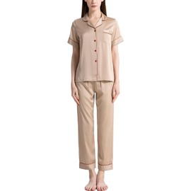 Sukany Womens Soft Silk Pajamas Set 2 Piece Button Up Pajamas Short Sleeve Nightwear Sleepwear Maternity Loungewear Pjs Sets Champagne S
