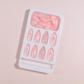 24Pcs French Tip Press on Nails Medium Almond Fake Nails Red and Pink Gradient Star False Nails with Bow Designs Artificial Acrylic Nails Press on Cute Glue on Nails for Women DIY Manicure