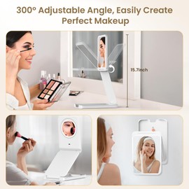LAMPICK Travel Makeup Mirror with Lights, Foldable 1X Vanity Lighted Mirror with 10X Magnification, Rechargeable 1500mAh Battery, Dimmable Touch Screen, Freely Adjust Height and Angle