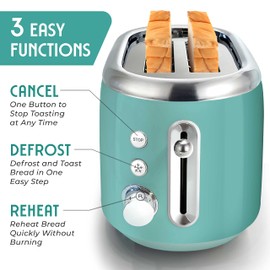 Mueller Retro Toaster 2 Slice with 7 Browning Levels and 3 Functions: Reheat, Defrost & Cancel, Stainless Steel Features, Removable Crumb Tray, Under Base Cord Storage, Turquoise