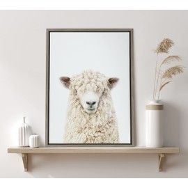 Kate and Laurel Sylvie Sheep Bangs Portrait Framed Canvas Wall Art by Amy Peterson Art Studio, 18x24 Gray, Modern Farm Animal Portrait for Wall Decor