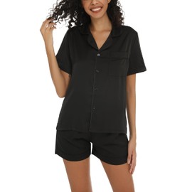 ENJOYNIGHT Women's Silk Satin Pajama Set Short Sleeve Pj Button Down Sleepwear Loungewear Button Down Loungewear(X-Large,Black)