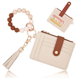 BAOSIWA Wristlet Wallets for Women, Small Keychain Wallets Woman Beige Brown RFID Blocking Credit Card Holder with Zipper Coin Pocket,ID Window