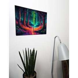 The Plum Penguin Vibrant Dreamscape Wall Art: A4 Dual MDF Wood Panels with Neon Forest Digital Print Canvas Alternative 40 x 30cm
