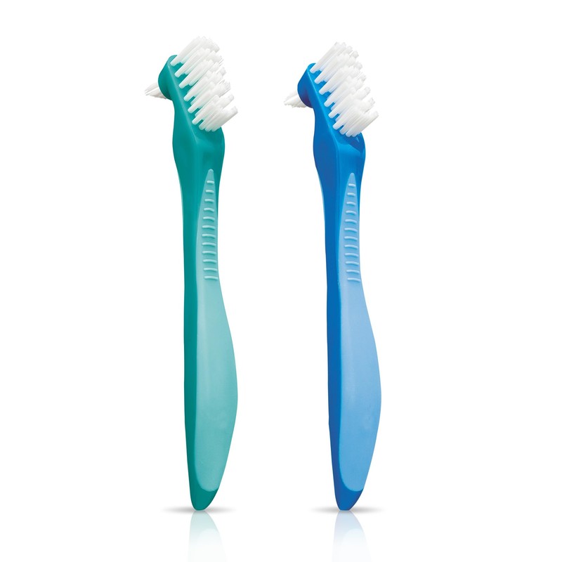 GUM Denture Brush - Dual Headed Hard Bristle Toothbrush for
