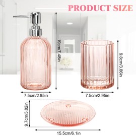Bathroom Accessories Set, 4Pcs Clear Glass Bathroom Accessory Sets Complete Includes Soap Dispenser, Toothbrush Holder, Mouthwash Cup, Soap Dish for Bath Decor, Countertop Vanity Organize (Pink)