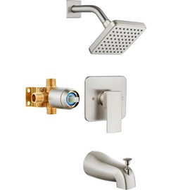 Heyalan Shower Tub Faucet Set Single-Function Shower Trim Kit with 4 inch ABS Square Shower head and Single-Handle Set and Tub Spout, Thread Male Shower Valve Included, Brushed Nickel