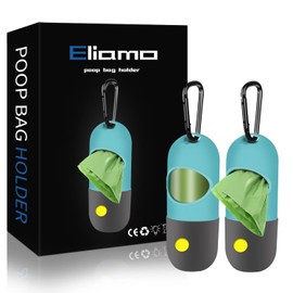 Eliamo 2 Pack Dog Poop Bag Dispenser with Built-in LED Flashlight, Pet Waste Bag Holder for Leash with Carabiner Clip for Lead Leash, 2 Rolls Leak-proof Doggy Waste Bags for Dog Walking, Blue,Eliamo
