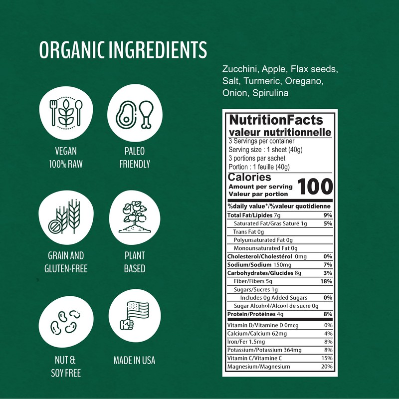 WrawP Organic Veggie Wrap - Spirulina (1PACK) Gluten Free, Plant-Based