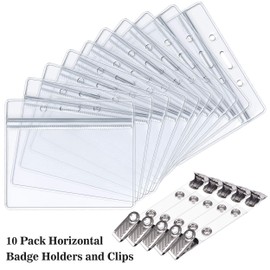 ID Badge Holder with Metal Badge Clips – Waterproof Sealable Clear Plastic Horizontal ID Card Holder for Work ID, Key Card, Driver’s License (Horizontal 10 Pack)