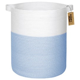 COMFY-HOMI XXL Large Laundry Basket with Handles Blanket Baskets Living Room|Woven Cotton Rope Decorative Basket Laundry Hamper Baby Basket Nursery Dog Toy Storage Organizer Bin-16”x18”-White/Blue