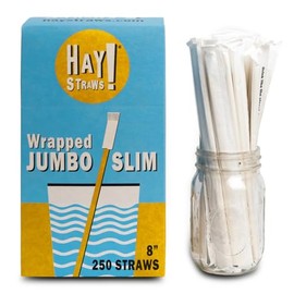 HAY! Straws® | Wrapped Jumbo Slim 8" Straws | 250 or 1500 Count | 5-6.5mm Diameter | 100% Plant-Based Reed Stem | Compostable, Disposable, Plastic-Free Drinking Straws (250)