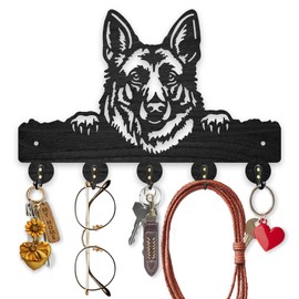 MAYJOYDIY German Shepherd Wood Key Holder for Wall 11.8x7.8inch Dog Animal Wall Mounted Key Hooks Coat Hanger Rack with 5 Alloy Hooks for Entryway Front Door Kitchen Office Decoration