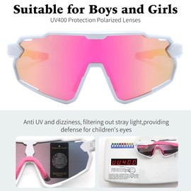 FEISEDY Teenagers Children's Sports Glasses Polarised 6-15 Years Cycling Glasses UV400 Protection Sports Sunglasses for Boys Girls B0190, Pink Mirrored Lenses & White Frame, Unit size