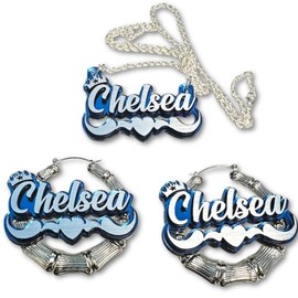 Custom Hearts and Swirls with Crown Jewelry, Wood Gift Box, Nameplate Necklace and Bamboo Hoop Earrings, Gold or Silver, 3 sizes, Laser Cut, Sparkling Script Letters, Color Choice, Made in CT, USA