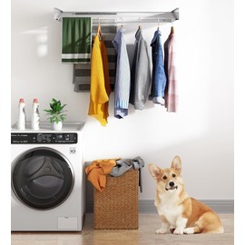 Wall Mounted Drying Rack, 31.5" Wide, 13.2 Linear Ft, 100% Aluminum Rods Space Saving Clothes Drying Rack with Wall Template for Indoor & Outdoor Organization, 60 lb Capacity (White 31.5" Medium)