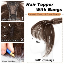 Morica NEW Morica Women's Human Hair Topper With Clip In Bangs Piece Dark Brown 10"