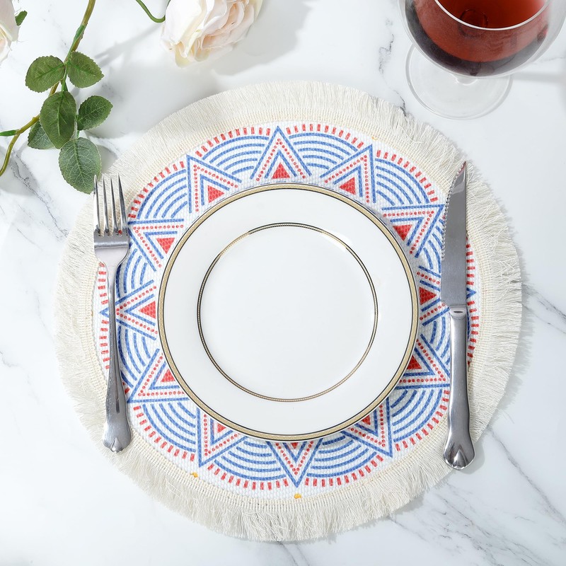 fanquare Set of 6 Boho Placemats, Round Cotton Woven prints