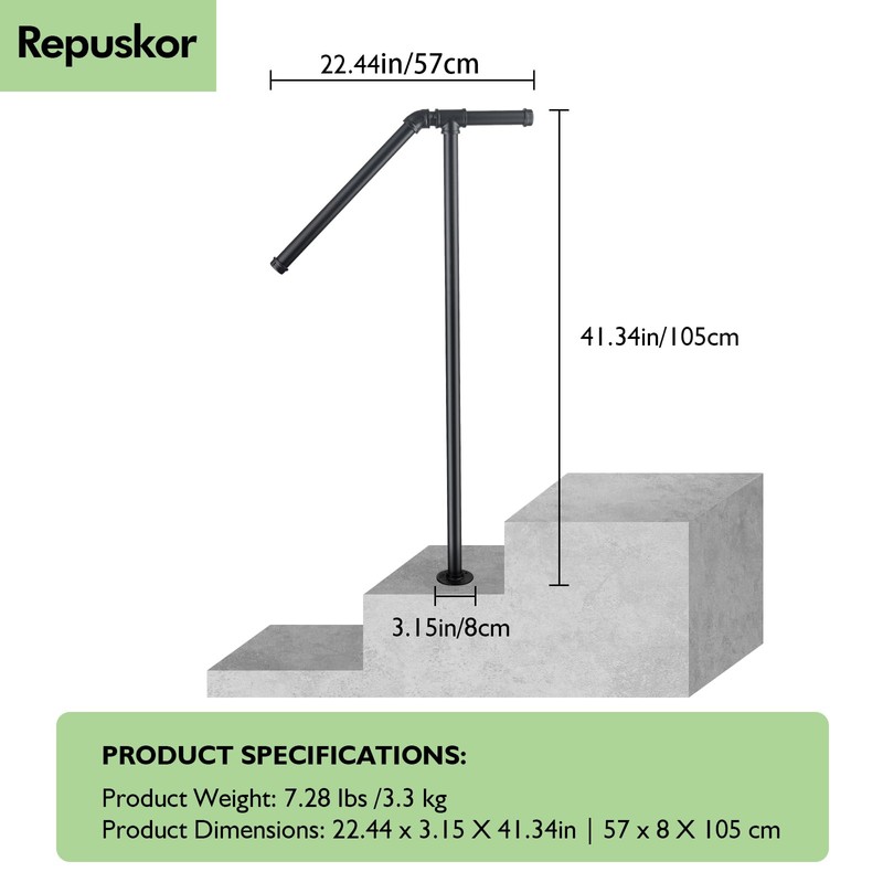 Single Post Handrail for Outdoor Steps - 41" Height Black