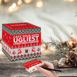 Laroder 1 Pack Ugly Sweaters Party Game Box Ballot Box with Slot Ugly Sweater Contest Raffle Boxes with 50 Pcs Voting Cards Christmas Ugly Sweater Party Games Decorations