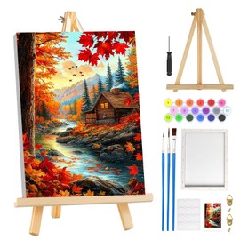 MOGTAA Autumn Paint by Numbers for Adults Beginner with Frame, Landscape Painting by Numbers for Adults with Easel, DIY Oil Painting Kits Art Crafts for Home Decor, 8x12in