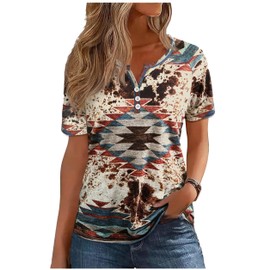 Cowgirls V Neck T Shirts for Women Western Rodeo Graphic Outfits Girls Country Concert Short Sleeve Button Up Tees Tops(Aztec Multicolour,X-Large)