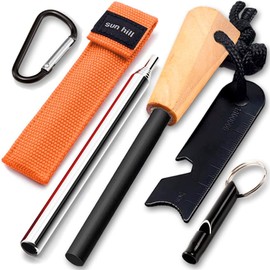 Sun's Hill Fire Starter with Fire Blowing Rod + Whistle, Flint, brown