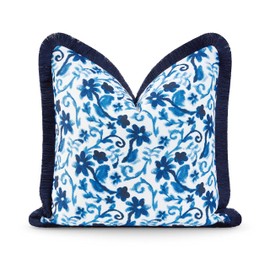 Hofdeco Premium Coastal Hampton Style Patio Indoor Outdoor Pillow Cover Only, 20"x20" Water Resistant for Backyard, Couch, Navy Blue Floral Fringe