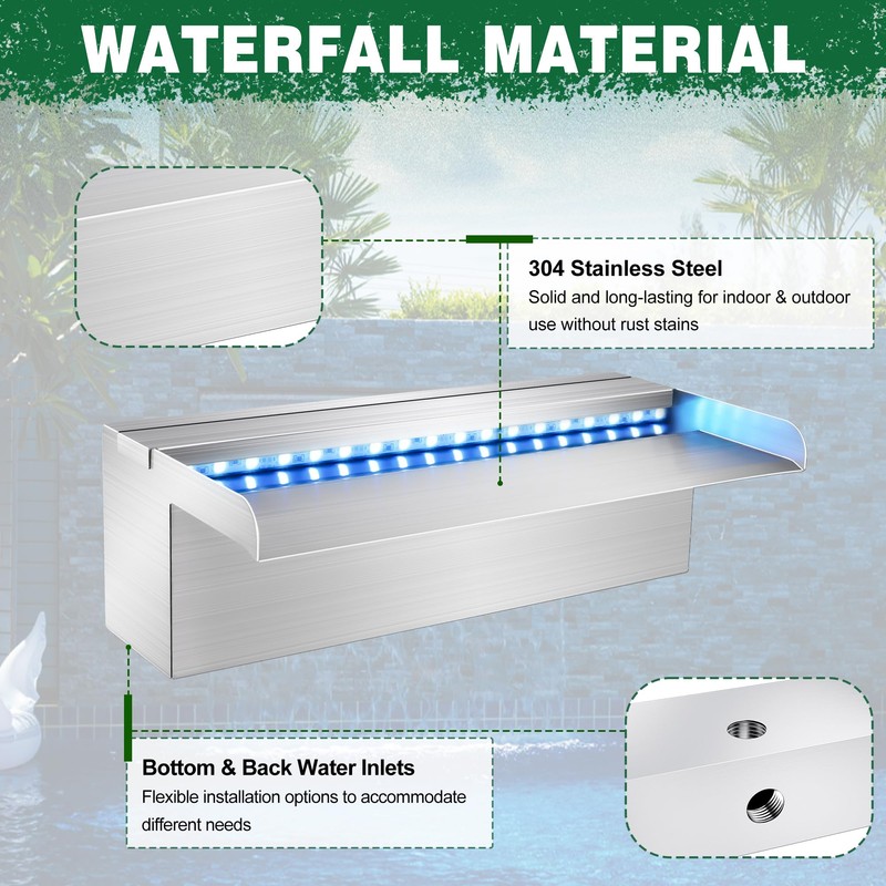 LONGRUN Waterfall Pool Fountain, Updated 5.9'' Wider Open Lip Stainless