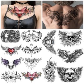 Yazhiji 13 tatuajes temporales grandes para el pecho y la parte inferior del busto para adultos, 8 tatuajes de rosas sensuales para el vientre y sellos de vagabundo para mujeres, 5 tatuajes falsos par