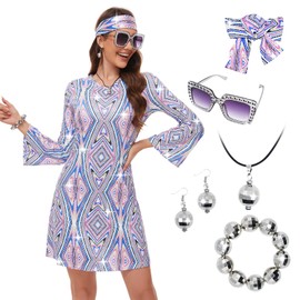 MRYUWB 70s Women Disco Dress Hippie Costumes Necklace Earrings Glasses, 60s 70s Birthday Outfits, 1970s Clothing Prom Dresses