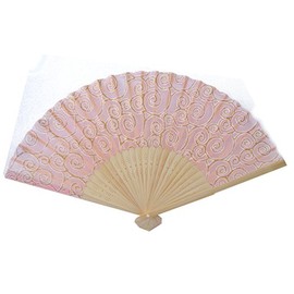 Natural Wooden Slab Folding Hand Fan with Picture of Auspicious Clouds (Pink)