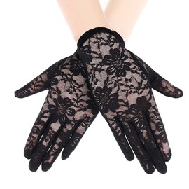 Andiker Women's Lace Short Gloves, Vintage Opera Gloves Delicate Knitted Courtesy Bride Gloves for Wedding, Tea Party Evening Party, Costume Accessories (Black)