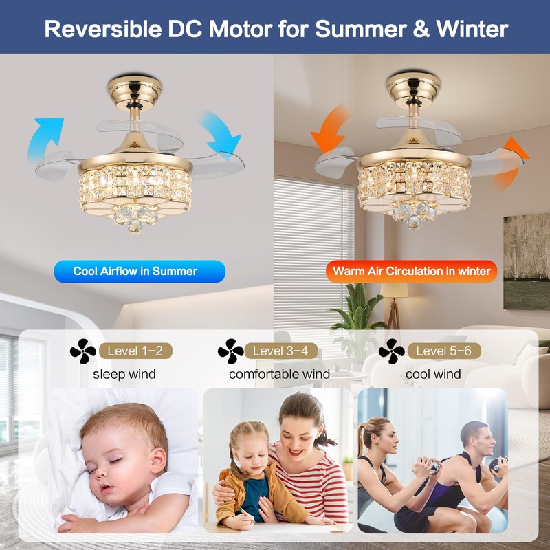 Zynfandor 30" RGB Retractable Crystal Ceiling Fan with Light Dimmable