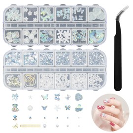 LEBKFT 3D Rhinestones Nail Gems for Nail Art, Shiny Nails Charms Rhinestones with Tweezers, Multi Shape Aurora Pearls Flowers Nails Decorations Nail's Accessories