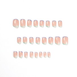 Simple French Blue Green Edge Nail Press on Nails Short Square Glossy False Nail Daily Manicure 24 Pcs