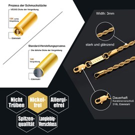 VEXXS Gold Chain Men's Cord Chain, 18 Carat Gold-Plated 3/4/5 mm Stainless Steel Necklace, Men's Chain, Gold Chain for Men, Women, Men, Boys, Jewellery Gift, 46-66 cm, Gold
