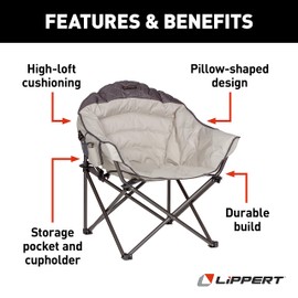 Lippert Big Bear Duotone Camping Chair - Sand with Dark Grey Accent, Comfortable Round Shape, Oversized Pillow Cushions, Powder Coated Steel, 600D Polyester Fabric, 300 lb. Capacity, 2022114816