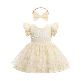 ODASDO Baby Girls First Birthday Outfit Infant Daisy Floral One Year Old Party Dress Flutter Sleeve Smocked Back Mesh Tulle Tutu Princess Dresses with Bowknot Headband Set Apricot 9-12 Months