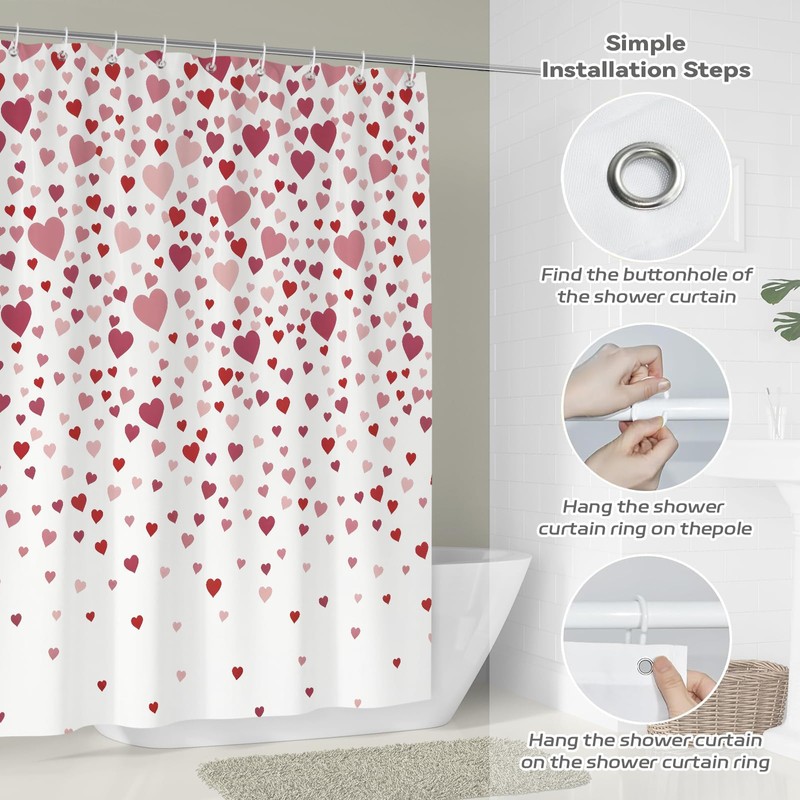 BREASOME Pink Shower Curtain, Romantic Loving Red Heart, 72x72 Inch