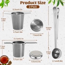 Pack of 2 tea strainers for loose tea, tea strainer, tea filter made of 304 stainless steel with lid, teaspoon and foldable handles, suitable for most tea cups and tea bowls, dishwasher safe