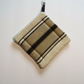 Handmade Hot Pad Trivet Pot Holder Black Tan Stripe Quilted 7 inch Square Corner Loop