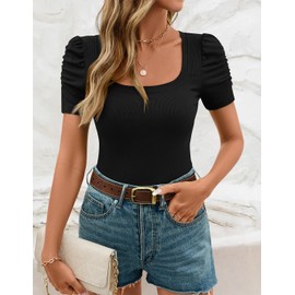 ZESICA Women's Square Neck Puff Sleeve Tops 2025 Summer Ribbed Fitted Casual Work Business Basic T Shirts Black Medium