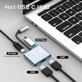 QIQIAZI USB C to Dual HDMI Adapter, 4IN1 USB Type C Hub with 2 HDMI(4K30Hz)/USB3.0/PD Charging, Dual Screen Display USB-C Docking Station for Windows, MacOS MST