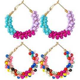 Jinxiuge2 Pair Beaded Hoop Earrings Boho Flower Round Earrings Women's Handmade Earrings Set