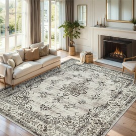 8x10 Area Rugs for Living Room: Washable Rug Vintage Large Soft Boho Floral Non-Slip Carpet Indoor Floor Stain Resistant Thin Carpets for Bedroom Dining Room Farmhouse Nursery Home Office - Black