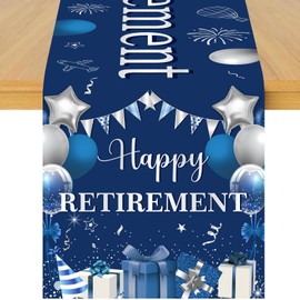 Cheerupp Happy Retirement Table Runner, Navy Blue Sliver Retirement Theme Linen Fabric Table Runner for Everyday Use 72 x 13 Inches, Washable Table Cover for Indoor Outdoor Kitchen Dining Table Decor