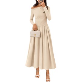 MEROKEETY Women's Fall Long Sleeve Midi Maxi Dresses 2025 One Shoulder Elegant Formal Pleated Cocktail A Line Dress, Apricot, Small