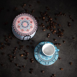 Robin Goods® 9 Piece Coasters Set with Metal Holder - Ceramic Coasters with Mandala Patterns and Cork Backed - Round Drink Coasters (8 Pieces - Coasters + Holder)